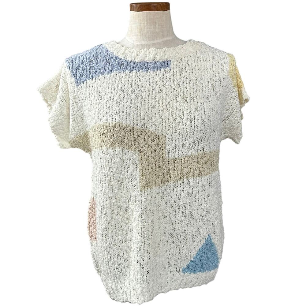 Vtg 80s Grand Tier Popcorn Knit Top L Cream Pastel Abstract Short Sleeve Retro